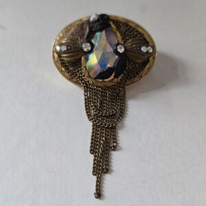 Unsigned Vtg Marena Handarbeit Style Brooch AB Crystal Chain Fringe Art Deco